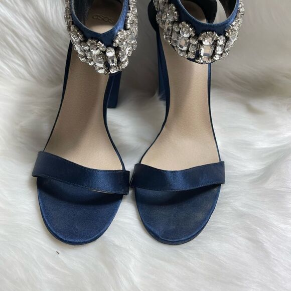 ASOS satin Navy blue Block heels ankle strap sandals with Rhinestones accent SZ7 - Picture 3 of 7